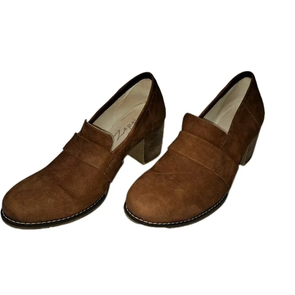 Womens Zapato Brown Suede Handmade In Italy Leather Block Heels Size 41 (8)